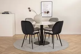 Venture Design Valgomojo stalas ir kėdžių komplektas Estelle apvalus valgomojo stalas ir Emma kėdės 106x75 cm balta juoda pilka veliūras metalas