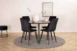Venture Design Valgomojo stalas ir kėdžių komplektas 115 cm juodas faneruotė aksomas metalas