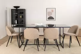 Venture Design Valgomojo stalas ir kėdžių komplektas Leif 200x90x74 cm Juodas Smėlio spalvos Stiklas Metalas Audinys