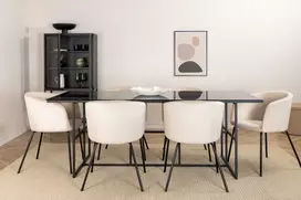Venture Design Valgomojo stalas ir kėdžių komplektas Leif valgomojo stalas ir Berit kėdė 200x90x74 cm juoda smėlio spalvos stiklas aksomas