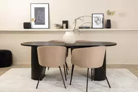 Venture Design Valgomojo stalas ir kėdžių komplektas Bianca Ovalus valgomojo stalas ir Berit kėdė 200x90x75 cm Juoda Smėlio spalvos audinys