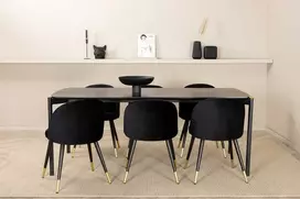 Venture Design Valgomojo stalas ir aksominės valgomojo kėdės komplektas Pelle 190x90x75 cm juodas aksomas žalvaris