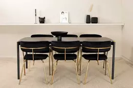 Venture Design Valgomojo stalas ir fotelio komplektas Pelle 190x90x75 cm juodas aksomas, žalvario kojos