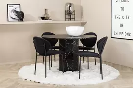 Venture Design Valgomojo stalas ir kėdžių komplektas Marbs apvalus valgomojo stalas ir Vault valgomojo kėdės 110x75 cm juodas stiklas audinys