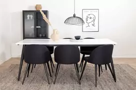 Venture Design Valgomojo stalas ir kėdžių komplektas Jimmy 195x90x76 cm Juodas Baltas Aksomas Išskleidžiamas