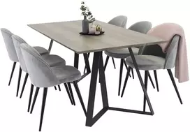 Venture Design Valgomojo stalas ir kėdžių komplektas Marina pilkos medienos/juodas stalas 6 pilkos aksominės kėdės