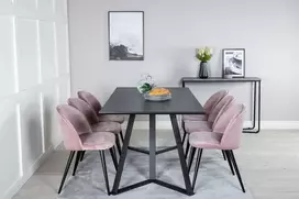 Venture Design Valgomojo stalas ir kėdžių komplektas Marina juodas rožinės aksomo