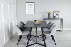 Venture Design Valgomojo stalas ir kėdžių komplektas Marina, juodas stalviršis, juodos kojos, šviesiai pilka, juoda