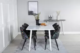 Venture Design Valgomojo stalas ir aksominės valgomojo kėdės 180 cm baltas juodas