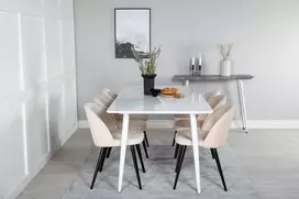 Venture Design Valgomojo stalas ir kėdžių komplektas Polar 180 cm balta smėlio spalvos veliūras