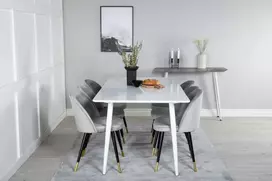 Venture Design Valgomojo stalas ir valgomojo kėdės Polar 180 cm balta aksomas šviesiai pilka žalvaris juoda
