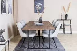 Venture Design Valgomojo stalas ir kėdžių komplektas 250x100x76 cm tamsiai rudos spalvos ir šviesiai pilkos spalvos audinys