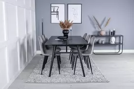 Venture Design Valgomojo stalas ir kėdžių komplektas, elegantiškas ištraukiamas stalas 195x95 cm, juodas, šviesiai pilkas