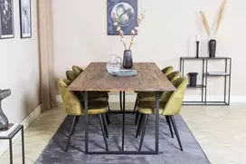 Venture Design Valgomojo stalas ir kėdžių komplektas 250x100x76 cm tamsiai rudos spalvos ir žalia aksominė apdaila