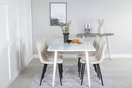 Venture Design Valgomojo stalas ir kėdžių komplektas Polar 180 cm balta smėlio spalvos veliūras
