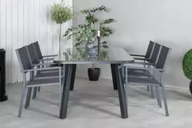 Venture Design Valgomojo stalas ir sulankstomos kėdės komplektas 200x100 cm, juodas plienas, pintas rotangas
