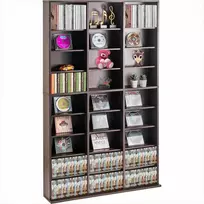 Medijos laikymo spintelė DVD ir CD diskams, reguliuojamos lentynos, espreso spalvos apdaila, medijos lentyna, DVD stovas, CD organizatorius