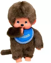 MONCHHICHI klasikinė beždžionėlė su mėlynu seilinuku, 20 cm