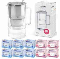 Vandens filtravimo ąsotis Aquaphor Glass 2,5L, pilkas, su 10 vnt vandens filtrų
