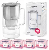 Vandens filtravimo ąsotis Aquaphor Glass 2,5L, pilkas, su 4 vnt vandens filtrų