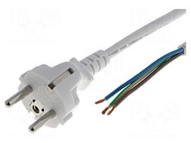 Cable | CEE 7/7 (E/F) plug,wires | 3m | white | PVC | 3x1mm2 | 10A | 250V