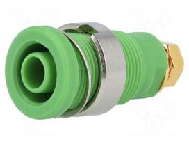 Socket | 4mm banana | 32A | green | gold-plated | screw,on panel | 32mm