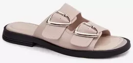Moteriškos odinės šlepetės su sagtimis Vinceza 62304, smėlio spalvos