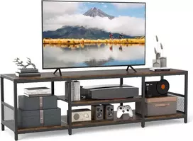 COSTWAY TV staliukas su metaline rėmu, atviromis lentynomis, 150 × 40 × 45 cm, rudas