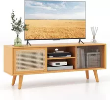 TV staliukas KOMFOTTEU bambukinė TV spintelė su stiklinėmis ir rataninėmis durelėmis, reguliuojamos lentynos, 120,5 × 31 × 45,5 cm