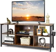 TV staliukas COSTWAY televizoriaus spintelė su atviromis lentynomis ir krepšiu, 140 × 40 × 63 cm, pramoninis dizainas