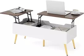 COSTWAY reguliuojamo aukščio kavos staliukas su pakeliamu stalviršiu ir paslėptomis lentynomis, 111 × 48 × 40–53,5 cm, riešutmedžio spalvos