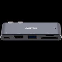 Canyon Multiport Docking Station with 5 port, with Thunderbolt 3 Dual type C male port, 1*Thunderbolt 3 female+1*HDMI+1*USB3.0+1*SD+1*TF. Input 100-240V, Output USB-C PD100W&USB-A 5V/1A, Aluminium alloy, Space gray, 90*41*11mm, 0.04kg