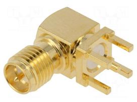Connector: RP-SMA | socket | male | angled 90° | THT | on PCBs | PTFE
