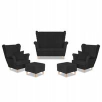 Rene Estella sofos komplektas su wingback, foteliai, pufai, Family Meble, juodas velvetas