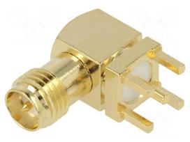 Connector: RP-SMA | socket | male | angled 90° | THT | on PCBs | PTFE