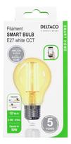 LED filament lamp DELTACO Smart Home, E27, WiFI 2.4GHz, 5.5W, 470lm, dimmable, 1800K-6500K, 220-240V, white SH-LFE27A60