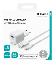 DELTACO USB sieninis įkroviklis, USB-A, 2,4 A, įsk. 1 m su „Lightning“  laidu Iphone  telefonams  USB-AC181