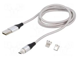 Cable | magnetic,USB 2.0 | 1m | grey | 480Mbps | textile | 3A