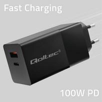 Qoltec 52382 GaN POWER PRO charger | 1xUSB type C | 1xUSB A | 100W | 5-20V | 1.5-5A | PD | Black