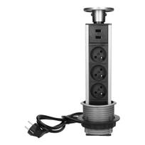 Įrankiai ir matavimo prietaisai // Įrankių, priedų naujienos // Gniazdo meblowe -8cm wysuwane z blatu z ładowarką USB i przewodem 1,8m, 3x2P+Z, 2xUSB