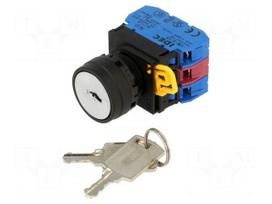 Switch: rotary with key | 22mm | Stabl.pos: 3 | NC + NO x2 | black