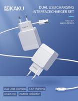 Kaku KSC-371 Set 2in1 Smart Two USB Sockets 2.4A Mains Charger + USB to Lightn 1m Cable