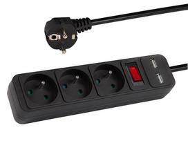 Prekės namams // Ilgintuvai // 98-775# Przedłużacz sieciowy pr-370wsp/usb 3-gniazda+usb z uziemieniem+wyłącznik 3m czarny 3x1,5mm