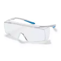 Apsauginiai akiniai Uvex Super F OTG CR (autoklavuojami) skaidria panoramine linze, supravision excellence (nesibraižantys iš išorės, nerasojantys iš vidaus) padengimas, baltos/šv. mėlynos kojelės