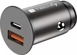 TECHLY mini automobilinis įkroviklis USB-A ir USB-C greitas įkrovimas 3.0 38W Juodas metalas