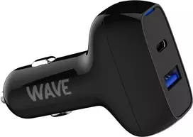 Wave automobilinis įkroviklis, 1 x USB Type-C + 1 x USB-A 18W + 18W, juodas