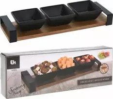 KOOPMAN Užkandžių dubenėlių keraminė juoda ant padėklo 32 cm 4 vnt.