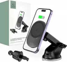 Magnetinis automobilinis laikiklis MagSafe su 15W indukciniu prietaisų skydelio / ventiliacijos grotelių įkrovimu Teleskopinė rankena Tech-Protect mm15W-V1 juodos spalvos