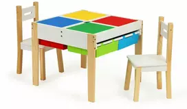 Ecotoys Mediniai baldai vaikams komplektas stalas + 2 kėdės