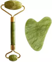 Palsar 7 Masažo volelis ir plokštelė Guasha žalias xiuyan žadeitas ("Light Žalias Xiuyan Jade Roller" - Gua Sha rinkinys)